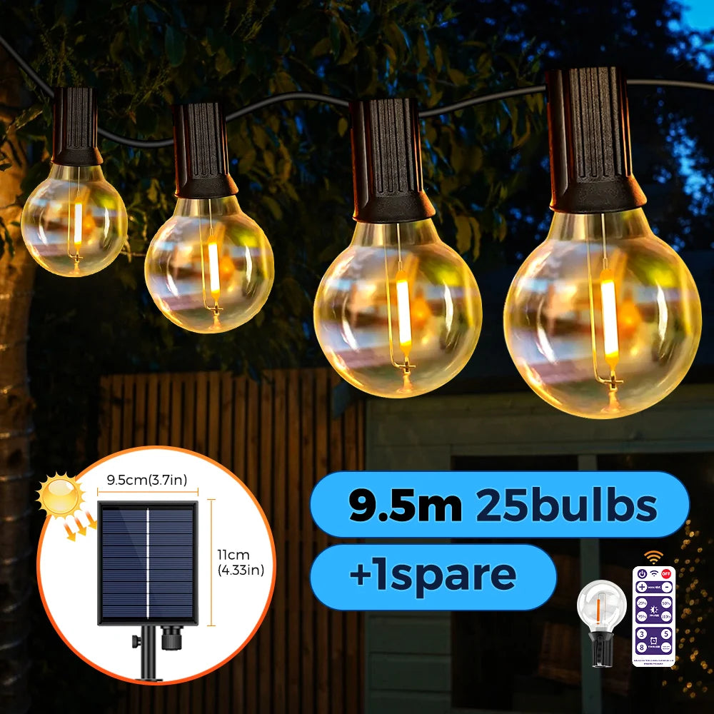 Solar String Lights Outdoor G40 Patio Lights,USB Recharger, 8Light Mode ,Shatterproof Bulbs , Weatherproof Hanging Light