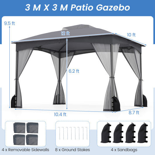 10 X 12 FT Patio Gazebo with Netting Walls with 4 Sandbags-Khaki