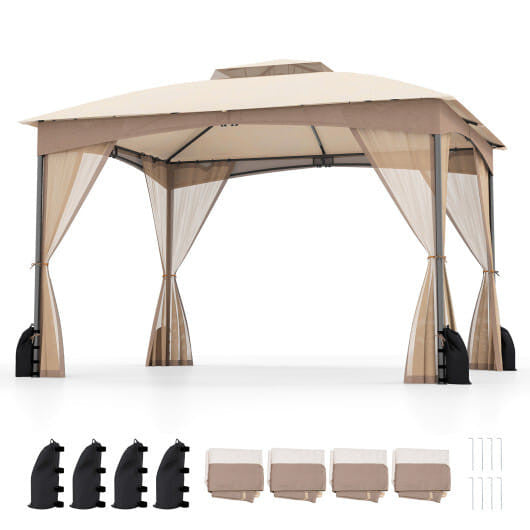 10 X 12 FT Patio Gazebo with Netting Walls with 4 Sandbags-Khaki