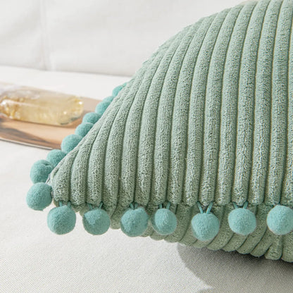 Pack of Boho Decorative Pillow Covers with Pom-poms 16x16 Pillow Covers Corduroy Cushion Case Cute and Soft Square Throw Pillow