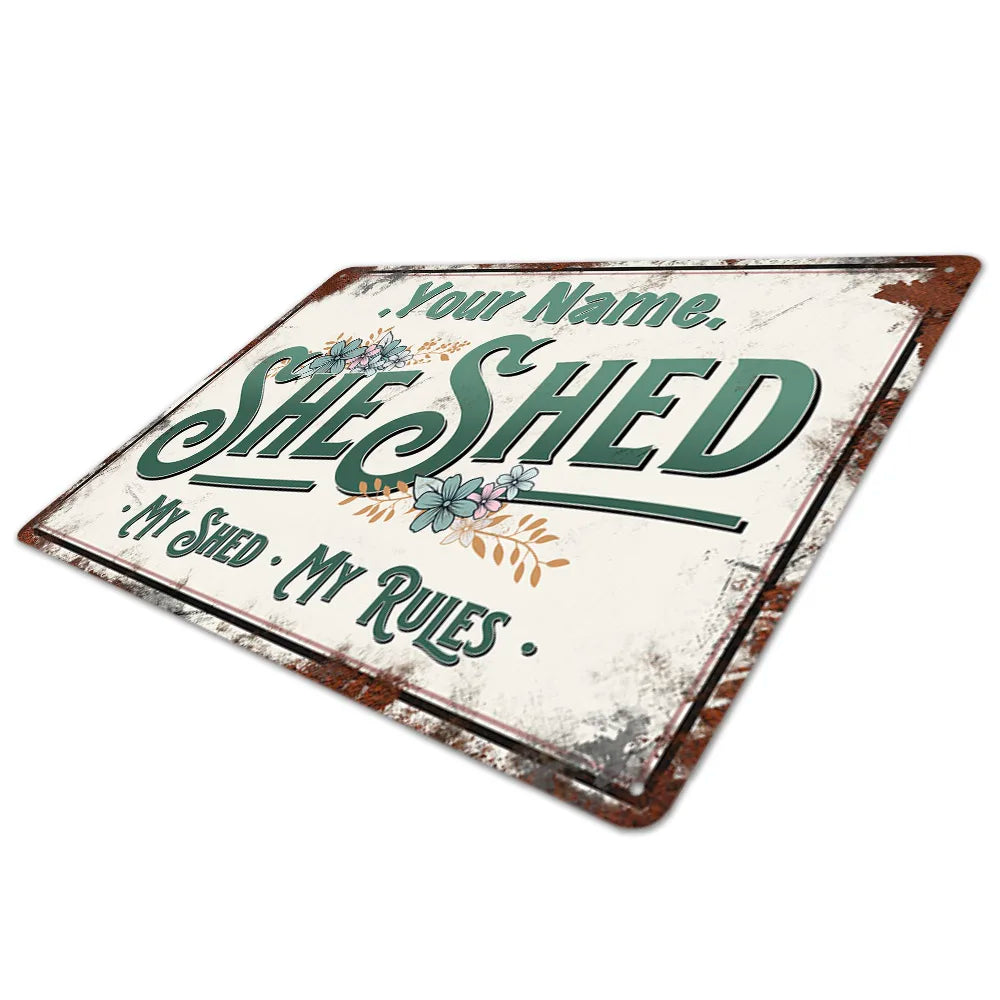 Personalised She Shed Sign Metal Garden Wall Door Vintage Decor Accessory Women's Female Yard Retro Plaque 8x12inches
