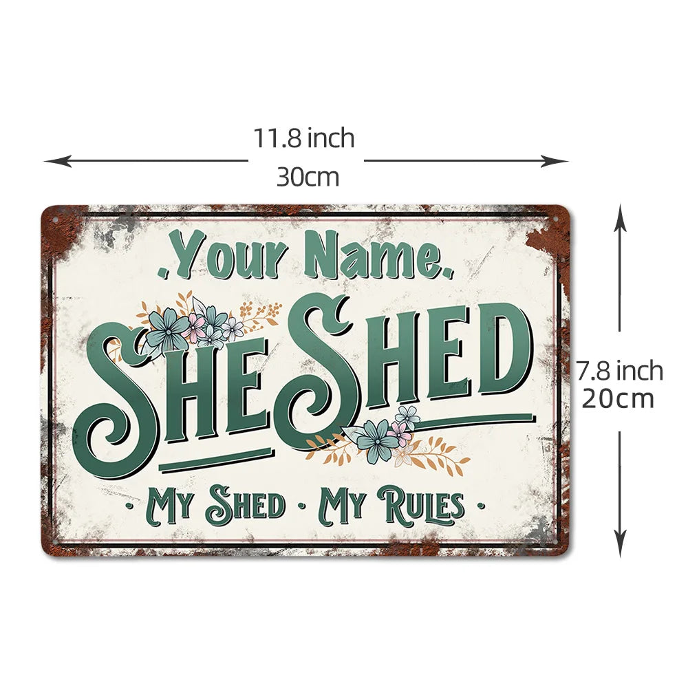Personalised She Shed Sign Metal Garden Wall Door Vintage Decor Accessory Women's Female Yard Retro Plaque 8x12inches