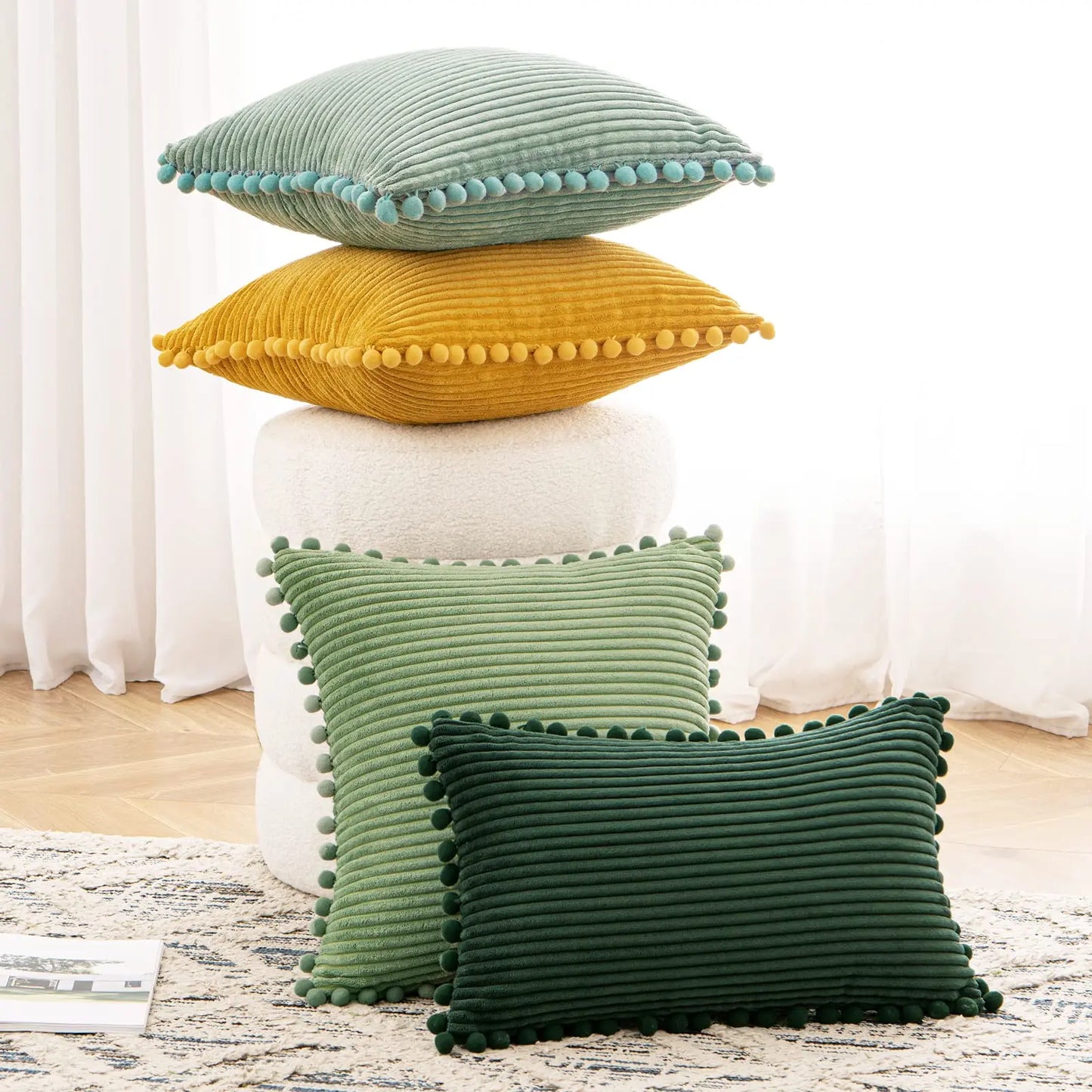 Pack of Boho Decorative Pillow Covers with Pom-poms 16x16 Pillow Covers Corduroy Cushion Case Cute and Soft Square Throw Pillow