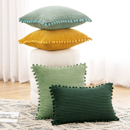 Pack of Boho Decorative Pillow Covers with Pom-poms 16x16 Pillow Covers Corduroy Cushion Case Cute and Soft Square Throw Pillow