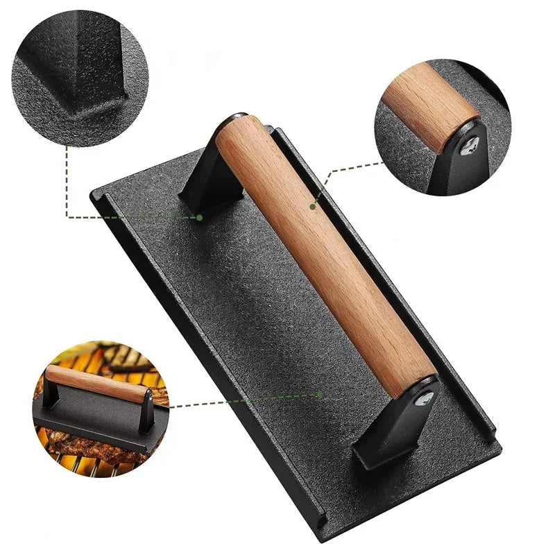 Cast Iron Steak Burger Press Round Rectangular Uncoated Heavy-Duty Meat Press with Handle for Outdoor Grill Food Cooking Tools