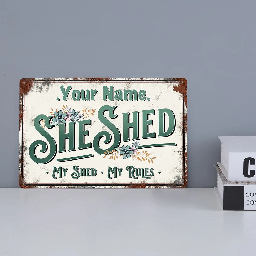 Personalised She Shed Sign Metal Garden Wall Door Vintage Decor Accessory Women's Female Yard Retro Plaque 8x12inches