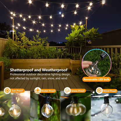 Solar String Lights Outdoor G40 Patio Lights,USB Recharger, 8Light Mode ,Shatterproof Bulbs , Weatherproof Hanging Light