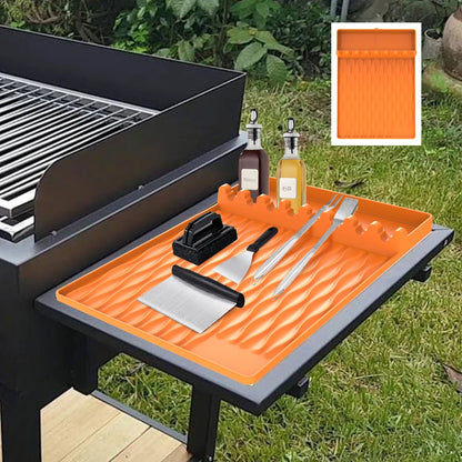 Silicone BBQ Mat for Side Burner Rack Kitchen Utensil Storage Holder Outdoor Grill Countertop Silicone Pad with Drip Tray