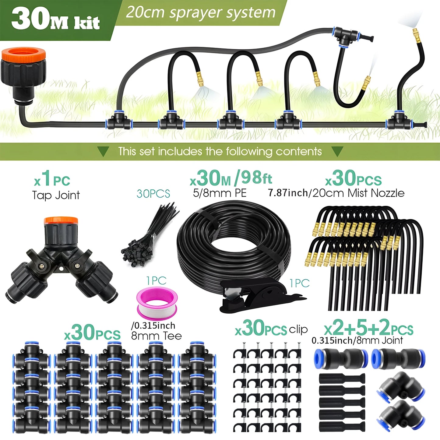 Patio Misting Cooling System for Garden Plant, Fogging Watering Irrigation, DIY, Free Bending, Universal Sprayer Kit, 5M-30M