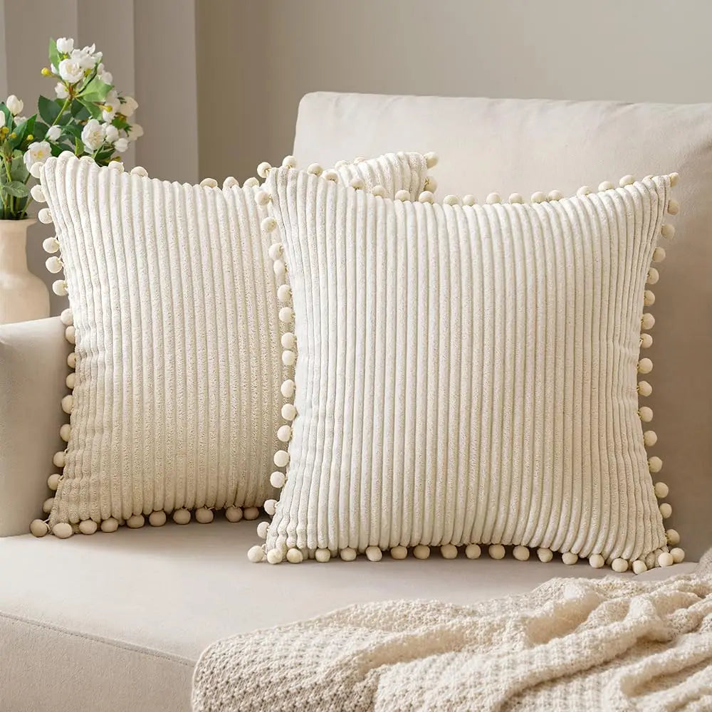 Pack of Boho Decorative Pillow Covers with Pom-poms 16x16 Pillow Covers Corduroy Cushion Case Cute and Soft Square Throw Pillow