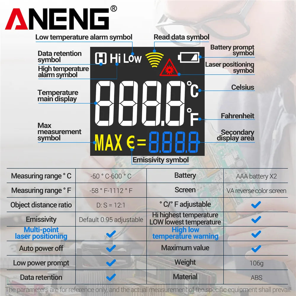 Infrared Thermometer -50~600℃ Digital Temperature Meter Non-contact Pyrometer Tester IR Hygrometer Industrial Tool ANENG TH203