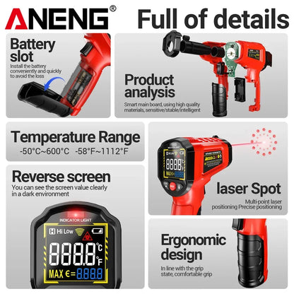 Infrared Thermometer -50~600℃ Digital Temperature Meter Non-contact Pyrometer Tester IR Hygrometer Industrial Tool ANENG TH203