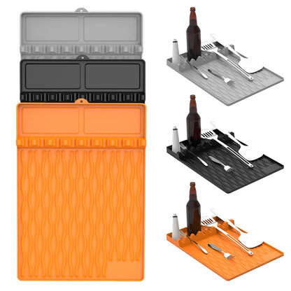 Silicone BBQ Mat for Side Burner Rack Kitchen Utensil Storage Holder Outdoor Grill Countertop Silicone Pad with Drip Tray