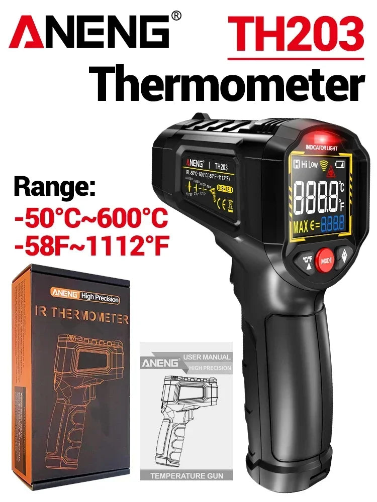 Infrared Thermometer -50~600℃ Digital Temperature Meter Non-contact Pyrometer Tester IR Hygrometer Industrial Tool ANENG TH203