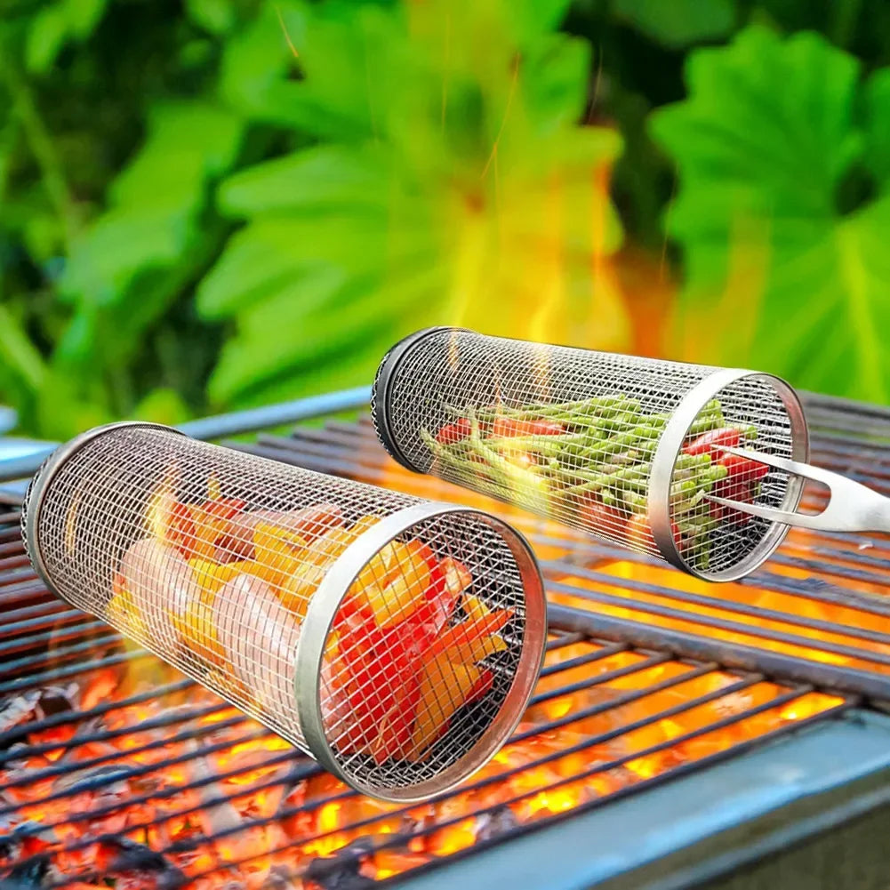 Rolling Bbq Basket- Greatest Grilling Basket Ever, Round Stainless Steel Grill Mesh, Camping Barbecue Rack For Vegetables,Fish