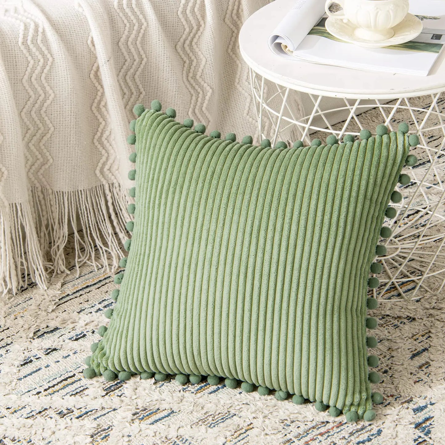 Pack of Boho Decorative Pillow Covers with Pom-poms 16x16 Pillow Covers Corduroy Cushion Case Cute and Soft Square Throw Pillow