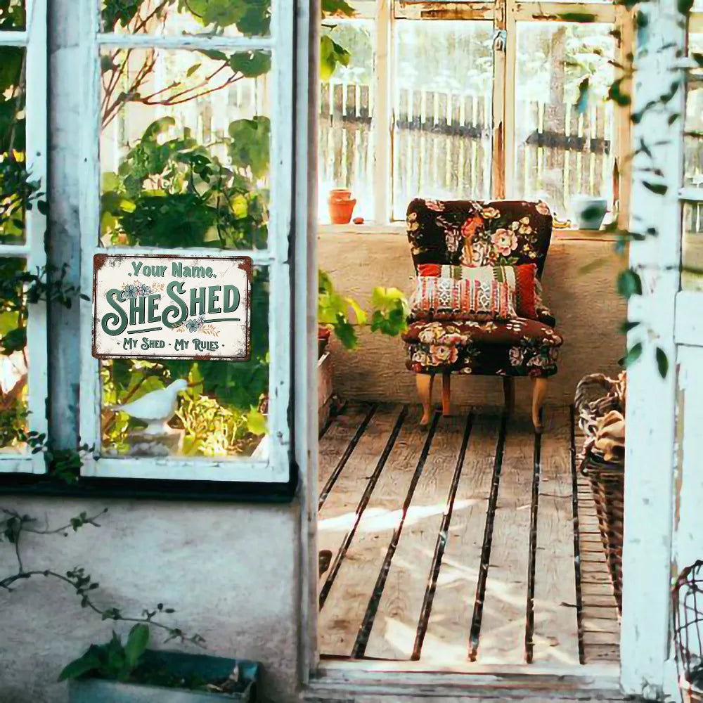 Personalised She Shed Sign Metal Garden Wall Door Vintage Decor Accessory Women's Female Yard Retro Plaque 8x12inches
