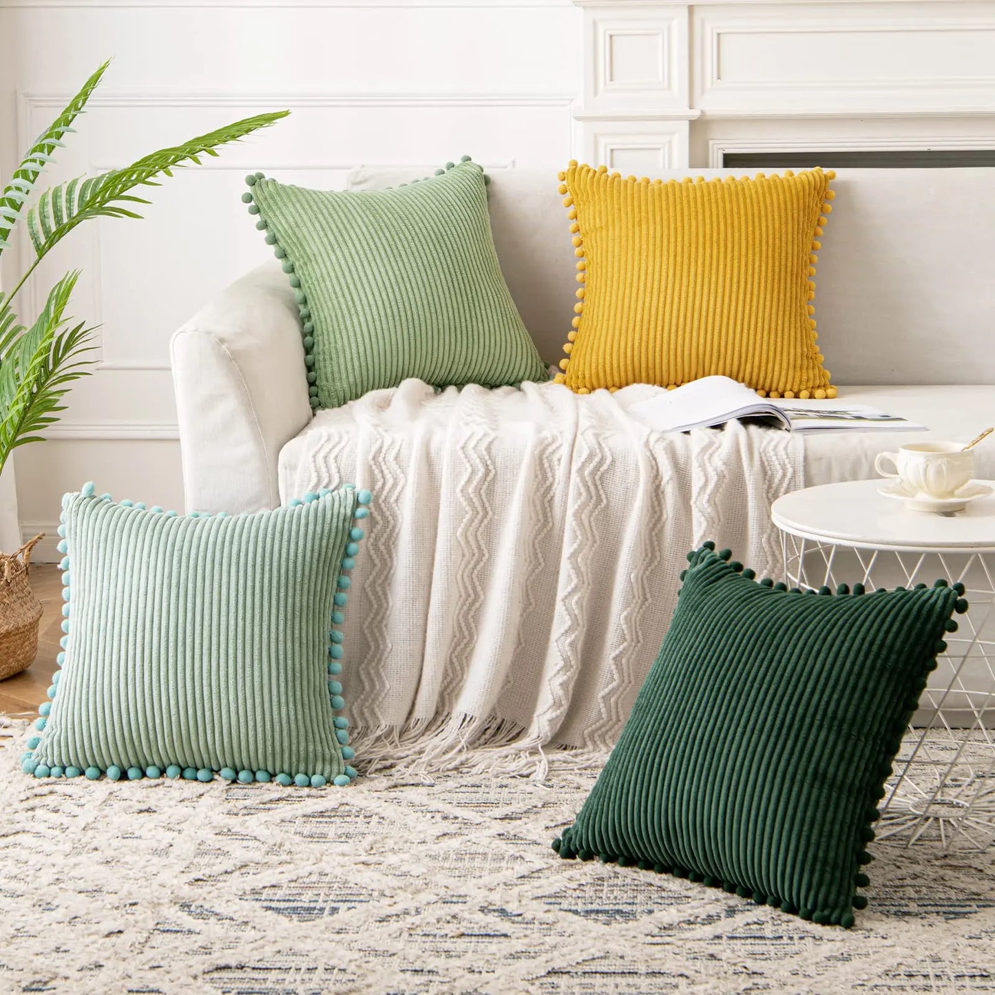 Pack of Boho Decorative Pillow Covers with Pom-poms 16x16 Pillow Covers Corduroy Cushion Case Cute and Soft Square Throw Pillow