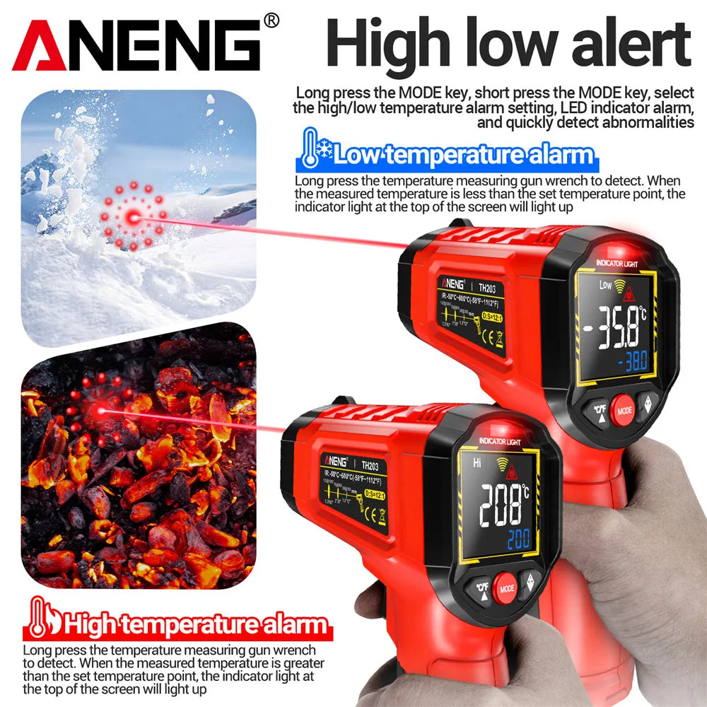 Infrared Thermometer -50~600℃ Digital Temperature Meter Non-contact Pyrometer Tester IR Hygrometer Industrial Tool ANENG TH203