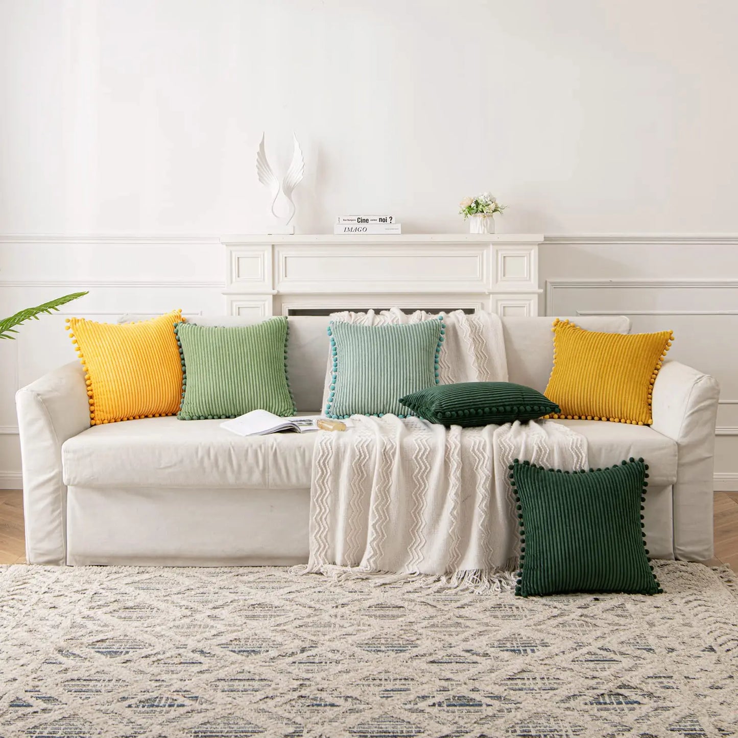 Pack of Boho Decorative Pillow Covers with Pom-poms 16x16 Pillow Covers Corduroy Cushion Case Cute and Soft Square Throw Pillow