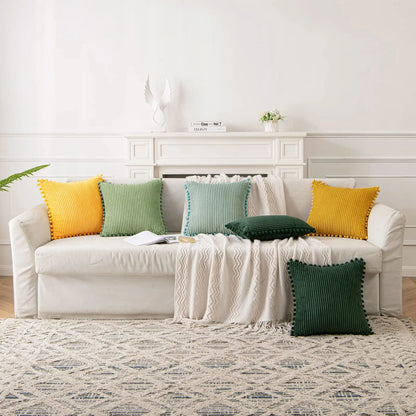 Pack of Boho Decorative Pillow Covers with Pom-poms 16x16 Pillow Covers Corduroy Cushion Case Cute and Soft Square Throw Pillow