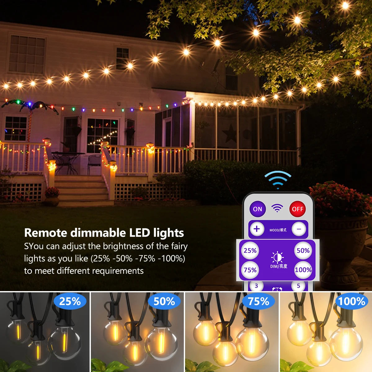 Solar String Lights Outdoor G40 Patio Lights,USB Recharger, 8Light Mode ,Shatterproof Bulbs , Weatherproof Hanging Light