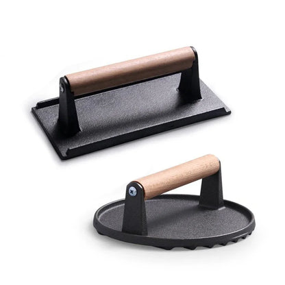 Cast Iron Steak Burger Press Round Rectangular Uncoated Heavy-Duty Meat Press with Handle for Outdoor Grill Food Cooking Tools