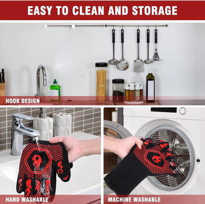 BBQ Grill Gloves High Temp Resistance Fireproof Glove for Grilling Smoking Barbecue - Washable Long Oven Mitts Extreme Hot Proof
