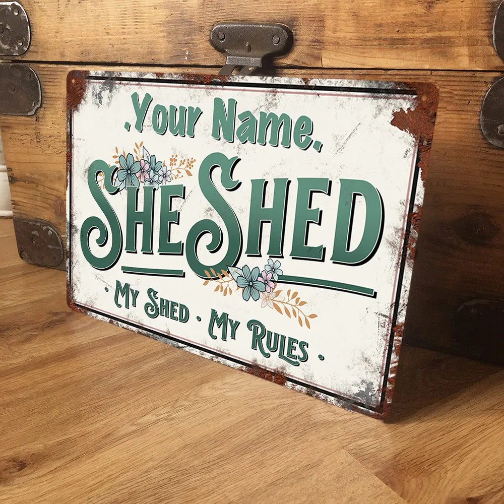 Personalised She Shed Sign Metal Garden Wall Door Vintage Decor Accessory Women's Female Yard Retro Plaque 8x12inches