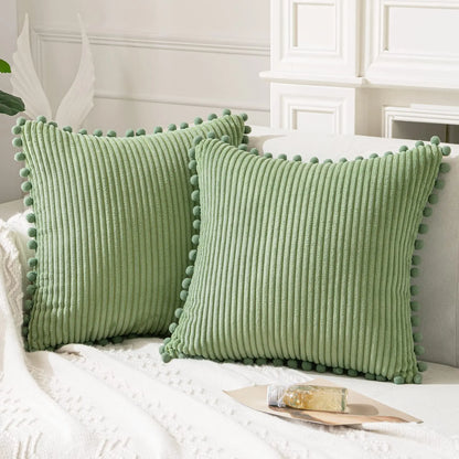 Pack of Boho Decorative Pillow Covers with Pom-poms 16x16 Pillow Covers Corduroy Cushion Case Cute and Soft Square Throw Pillow