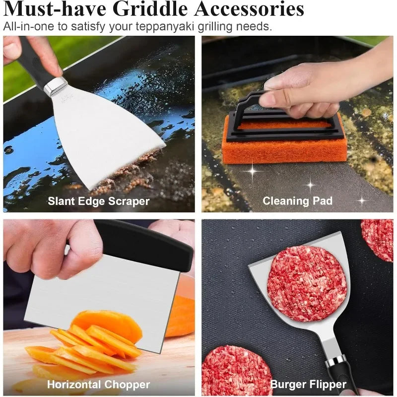 Griddle Accessories Kit, Flat Top Grill Accessories Set Grill Spatula Set with Enlarged Spatulas,Scraper for Outdoor Barbecue