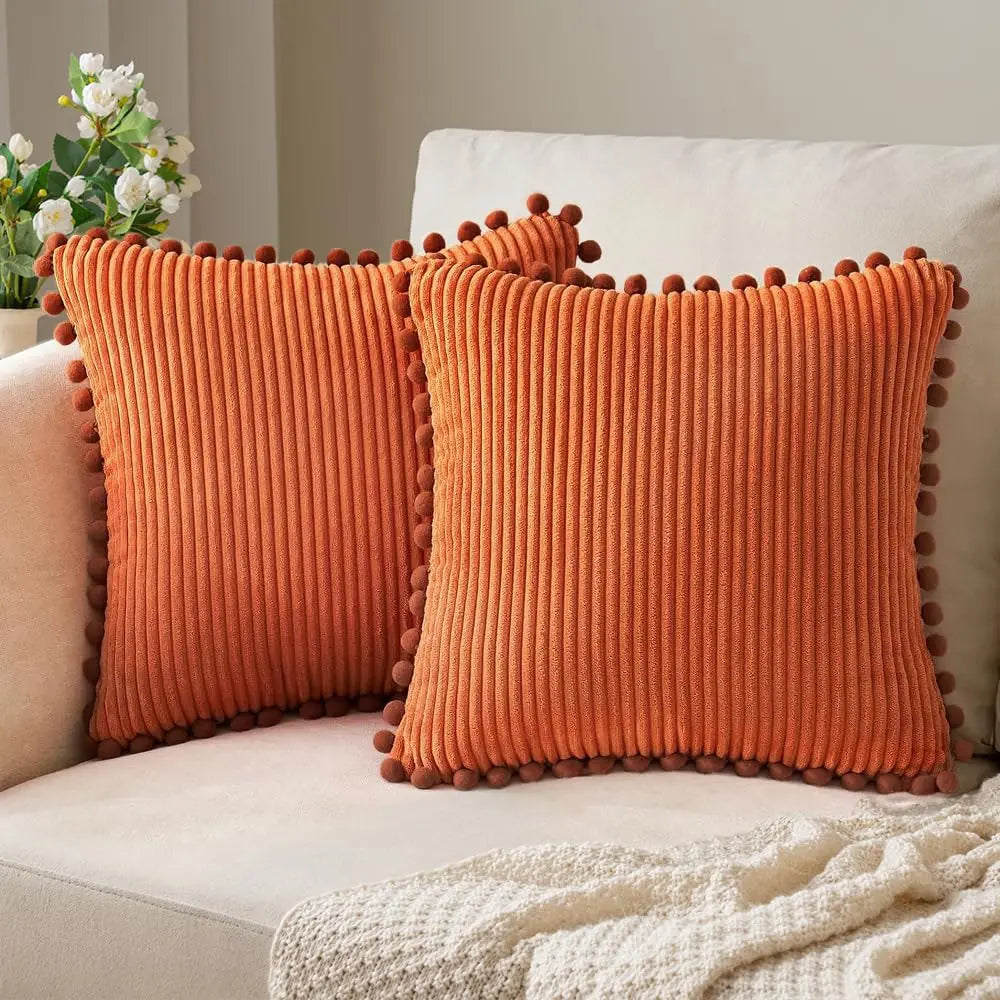 Pack of Boho Decorative Pillow Covers with Pom-poms 16x16 Pillow Covers Corduroy Cushion Case Cute and Soft Square Throw Pillow
