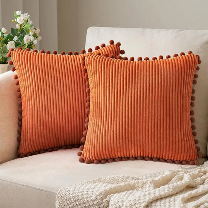 Pack of Boho Decorative Pillow Covers with Pom-poms 16x16 Pillow Covers Corduroy Cushion Case Cute and Soft Square Throw Pillow
