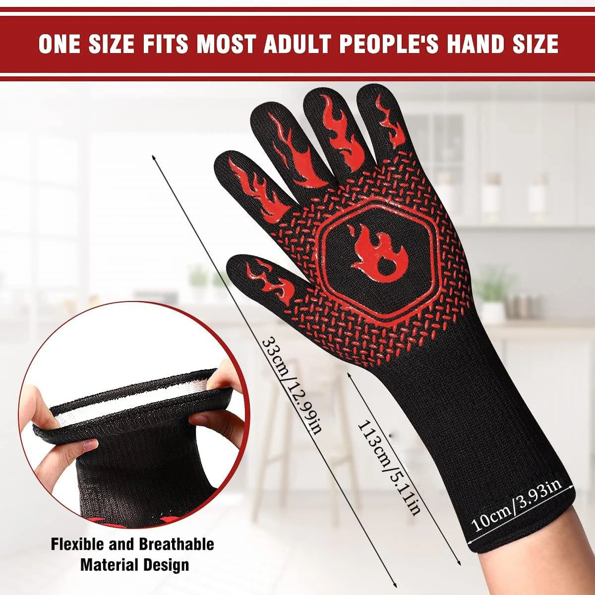 BBQ Grill Gloves High Temp Resistance Fireproof Glove for Grilling Smoking Barbecue - Washable Long Oven Mitts Extreme Hot Proof
